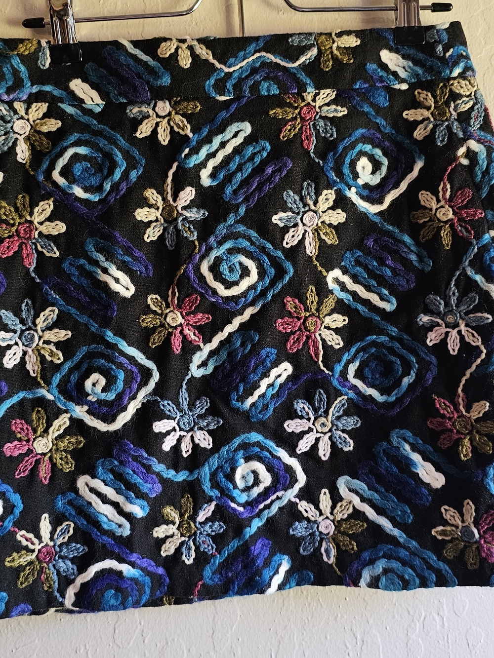 Zara Black Mini Skirt with Blue, Pink & Cream Embroidered Motifs